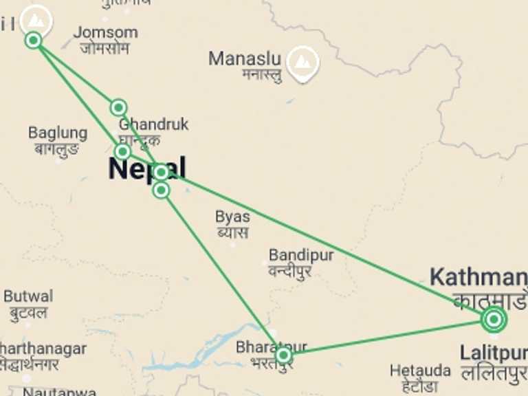Map of Pokhara Trekking and Hiking Tour with 7 destination visits for the trip: Nepal: Annapurna Hiking, Rafting and Chitwan National Park