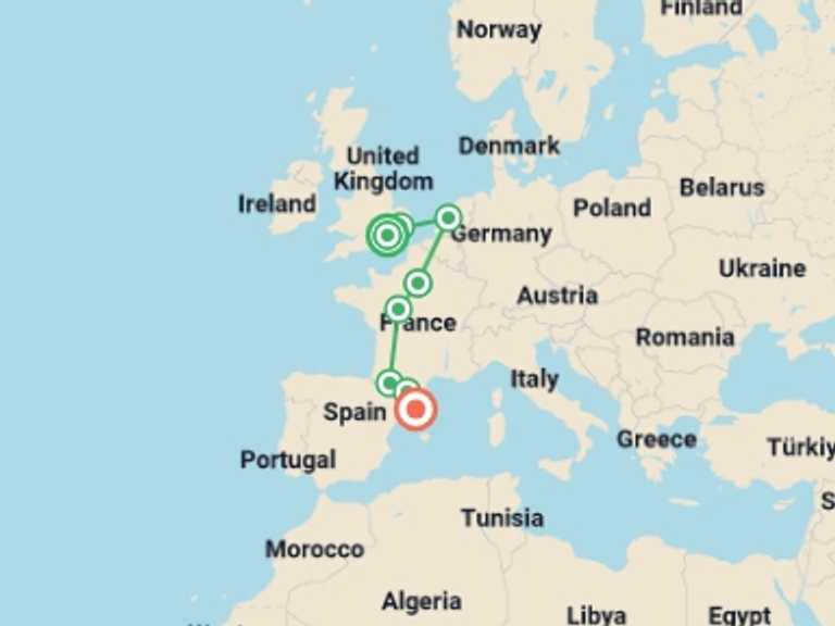 Map of Europe Tour with 8 destination visits for the trip: Remarkable Journey end Barcelona