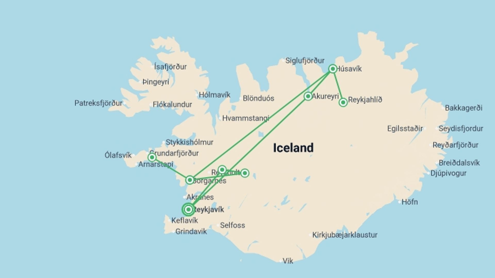 A map showing the tour itinerary for the trip: Best of Iceland , starting in Reykjavik, Iceland and ending in Reykjavik, Iceland going through 2 other destinations.