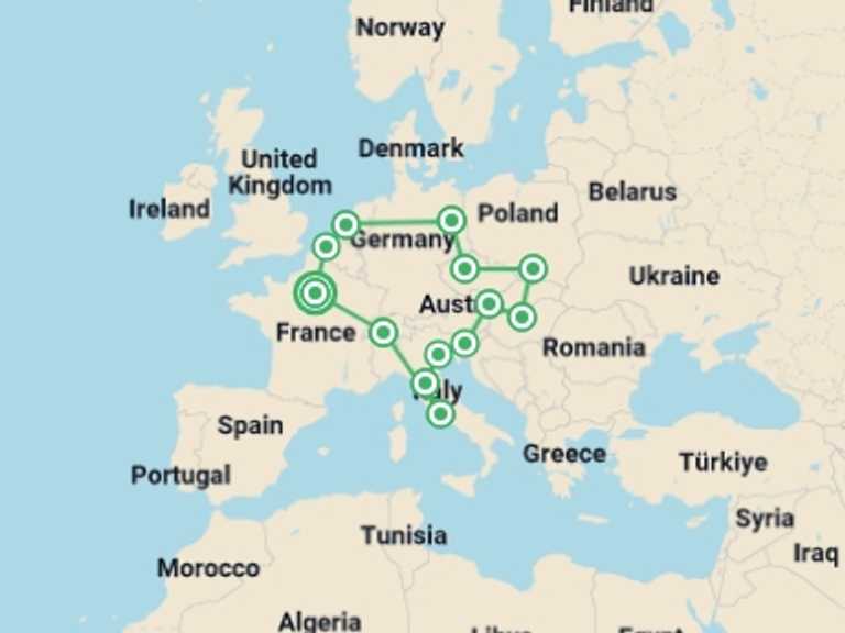 Map of Europe Tour with 13 destination visits for the trip: European Trail: Capitals & Cafés