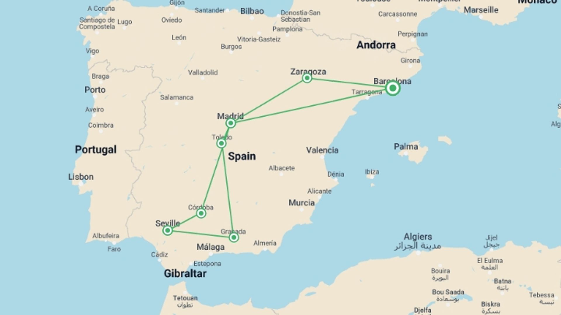 A map showing the tour itinerary for the trip: 5 Day Guided Tour Andalusia And Toledo From Barcelona, starting in Barcelona, Spain and ending in Barcelona, Spain going through 3 other destinations.