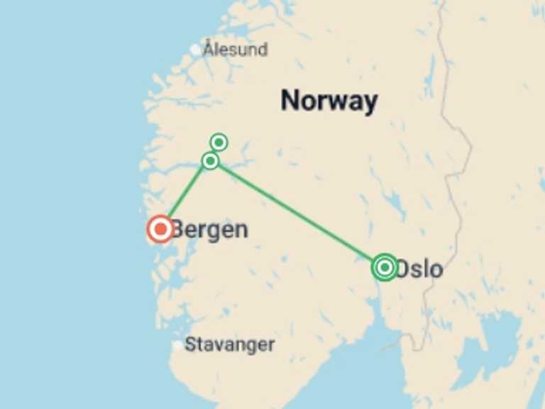 Map of Europe Explorer Tour with 4 destination visits for the trip: Magic of the Fjords Oslo to Bergen - 7 days