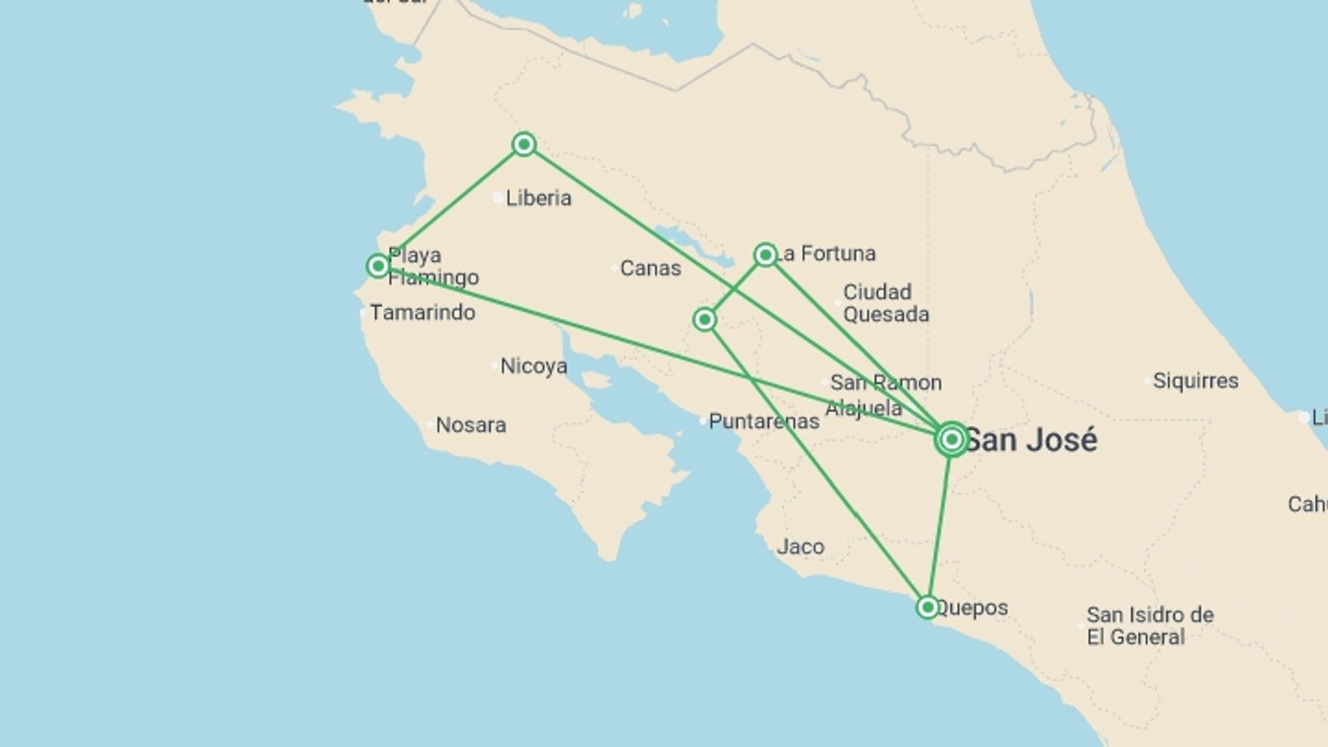 A map showing the tour itinerary for the trip: Costa Rica: Wildlife, National Parks & Hidden Gems of the Northwest, starting in San Jose, Costa Rica and ending in San Jose, Costa Rica going through 5 other destinations.