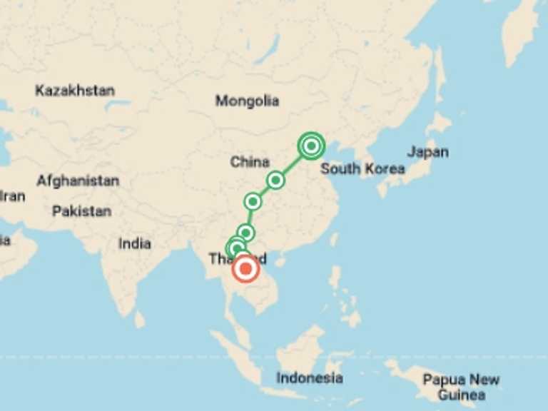 Map itinerary of South East Asia Tour in August 2026 with 9 destination visits for the trip: China to Laos - 16 days