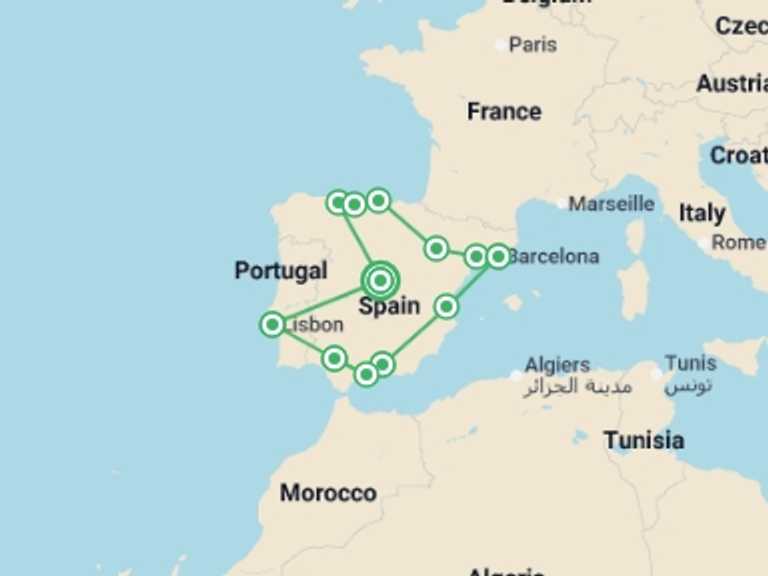 Map itinerary of Lisbon Tour in December 2025 with 9 destination visits for the trip: Iberian Holidays