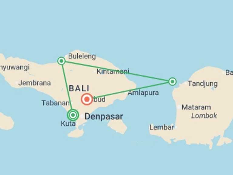 Map itinerary of South East Asia Tour in July 2026 with 4 destination visits for the trip: Best of Bali Youth Adventure  - 12 days