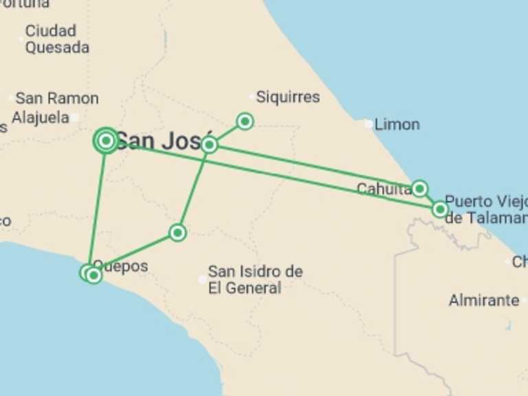 Map itinerary of Central America Tour in Spring with 7 destination visits for the trip: Caribbean To Pacific