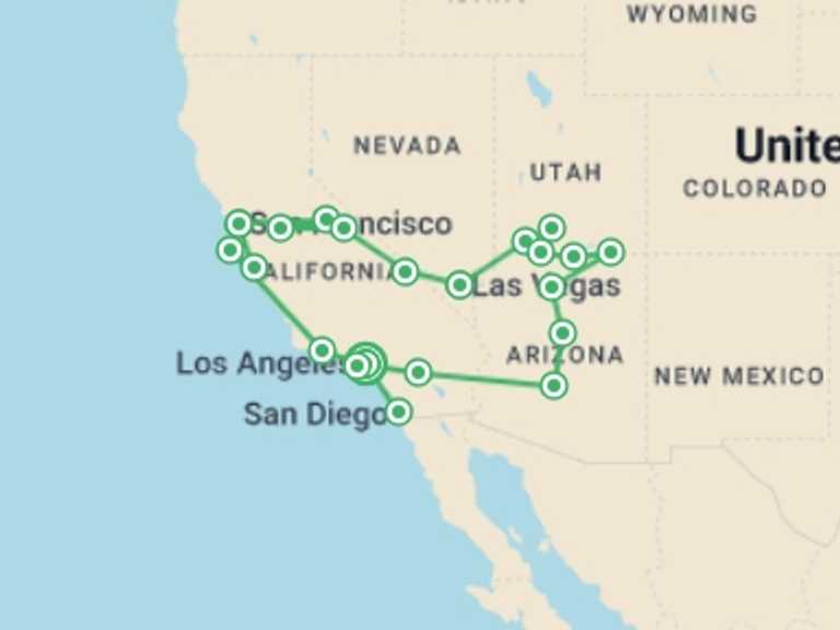 Map itinerary of USA Tour in February 2027 with 11 destination visits for the trip: America's Western Discovery
