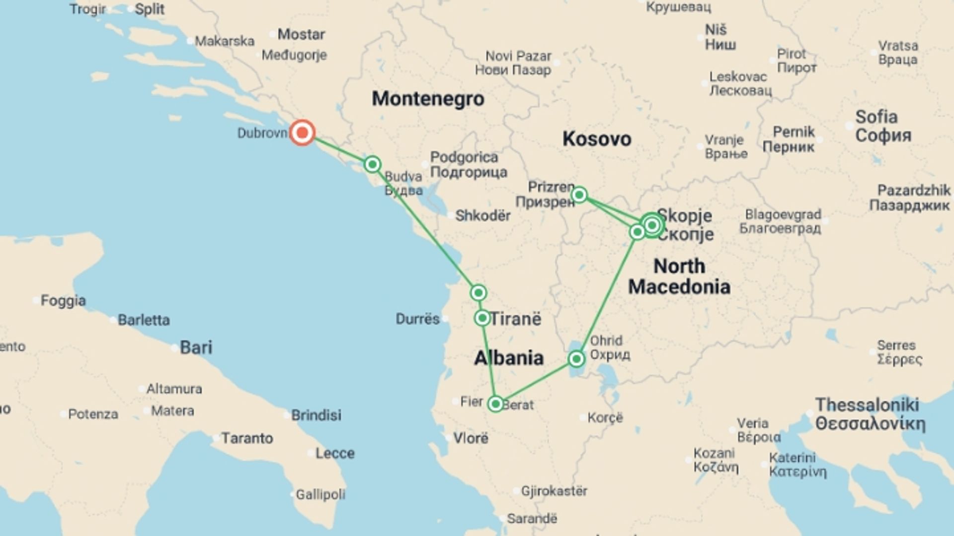 A map showing the tour itinerary for the trip: Western Balkans Uncovered, starting in Skopje, Macedonia and ending in Dubrovnik, Croatia going through 8 other destinations.