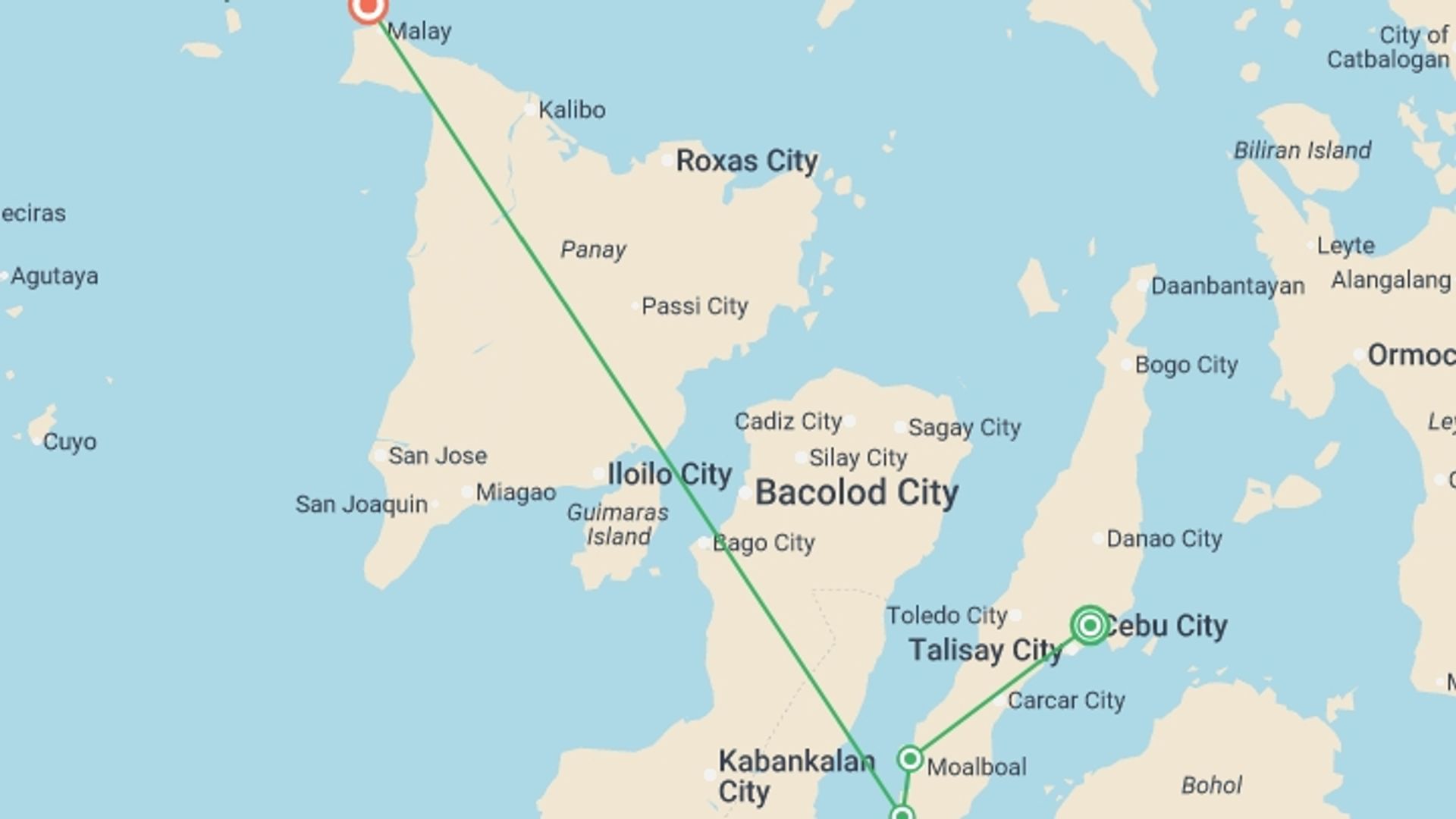 A map showing the tour itinerary for the trip: Philippines East, starting in Cebu City, Philippines and ending in Boracay, Philippines going through 3 other destinations.