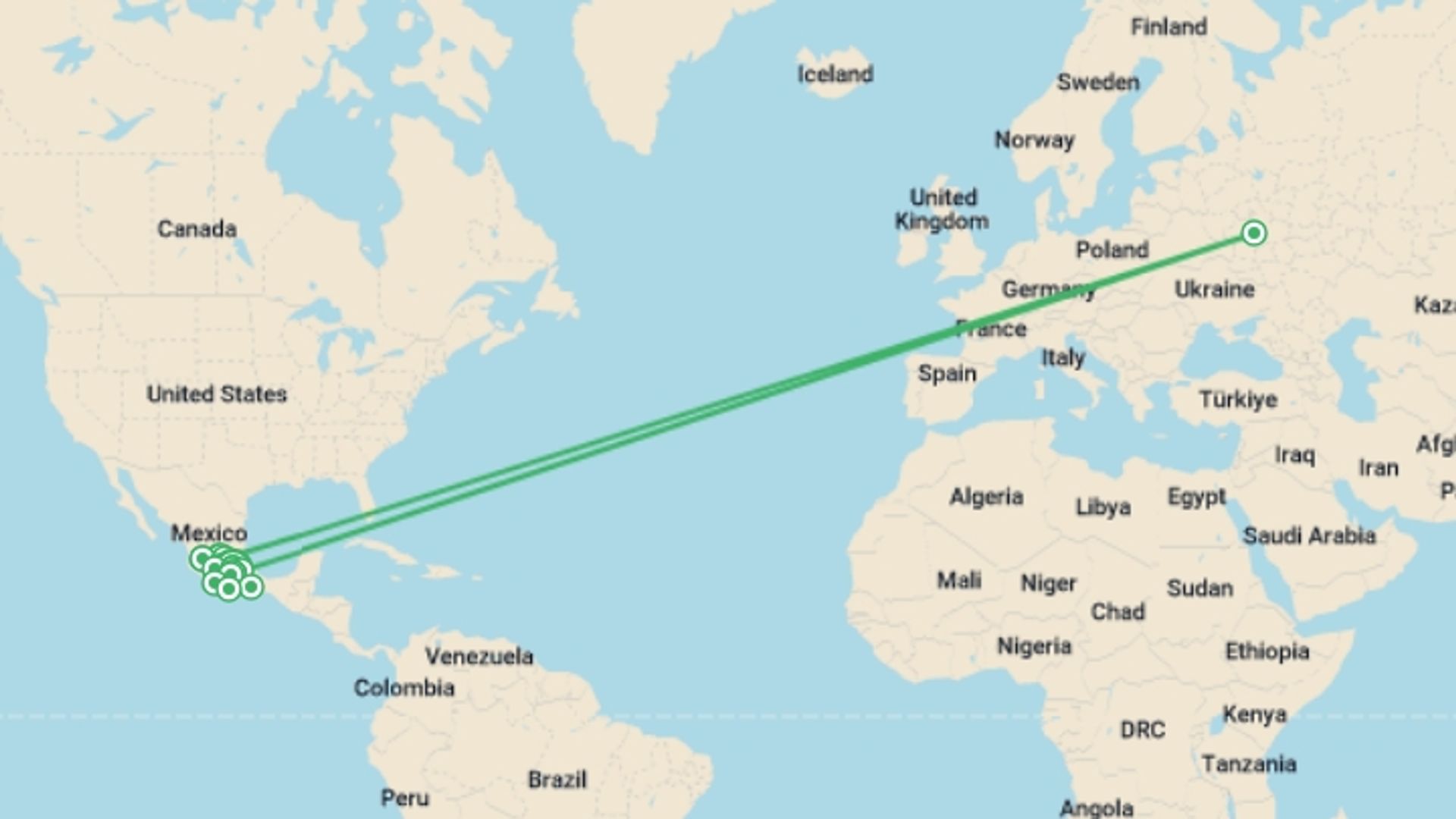 A map showing the tour itinerary for the trip: Mexican Getaway with Acapulco, starting in Mexico City, Mexico and ending in Mexico City, Mexico going through 9 other destinations.