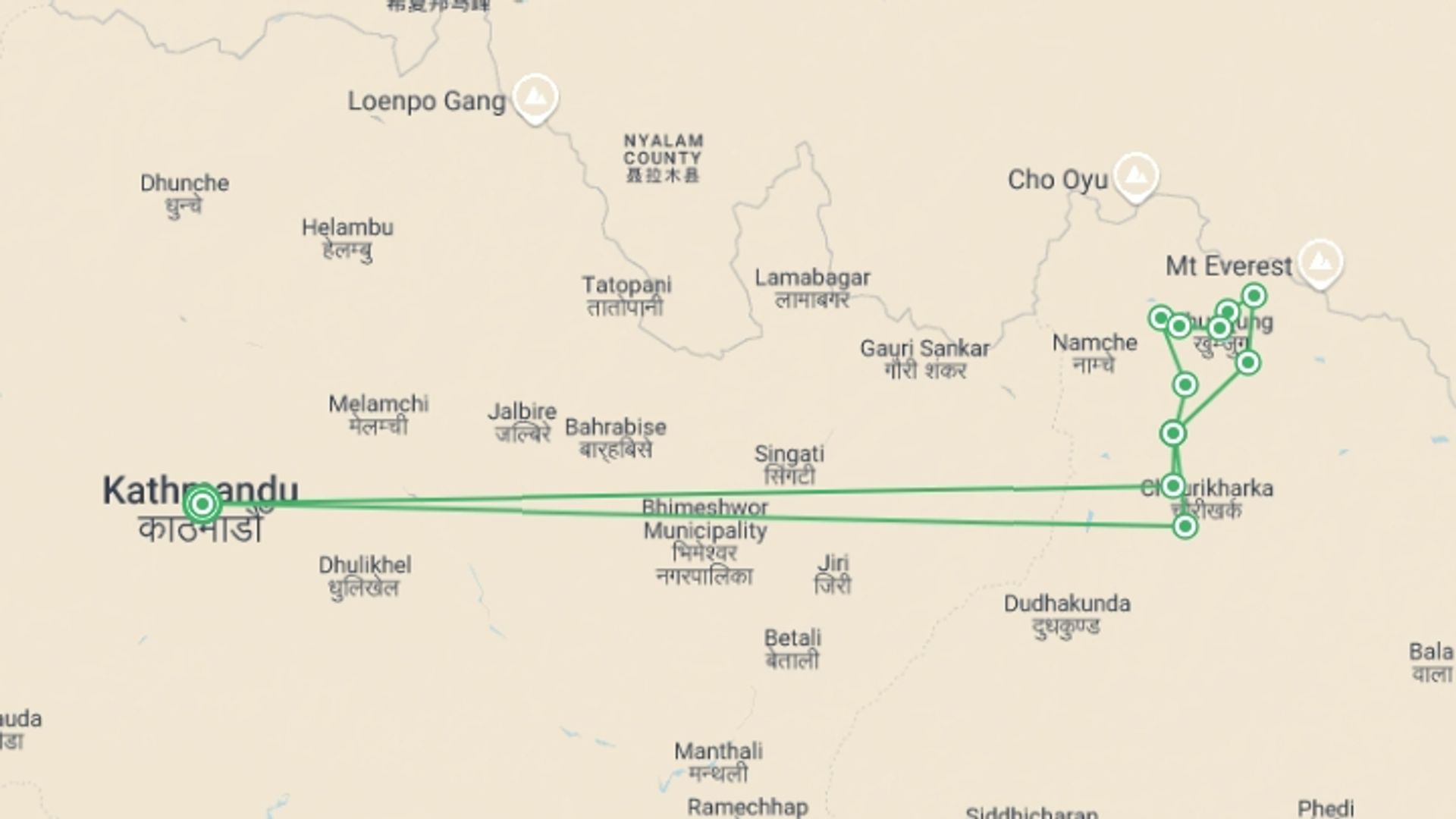A map showing the tour itinerary for the trip: Gokyo and Everest Base Camp Trek, starting in Kathmandu, Nepal and ending in Kathmandu, Nepal going through 11 other destinations.