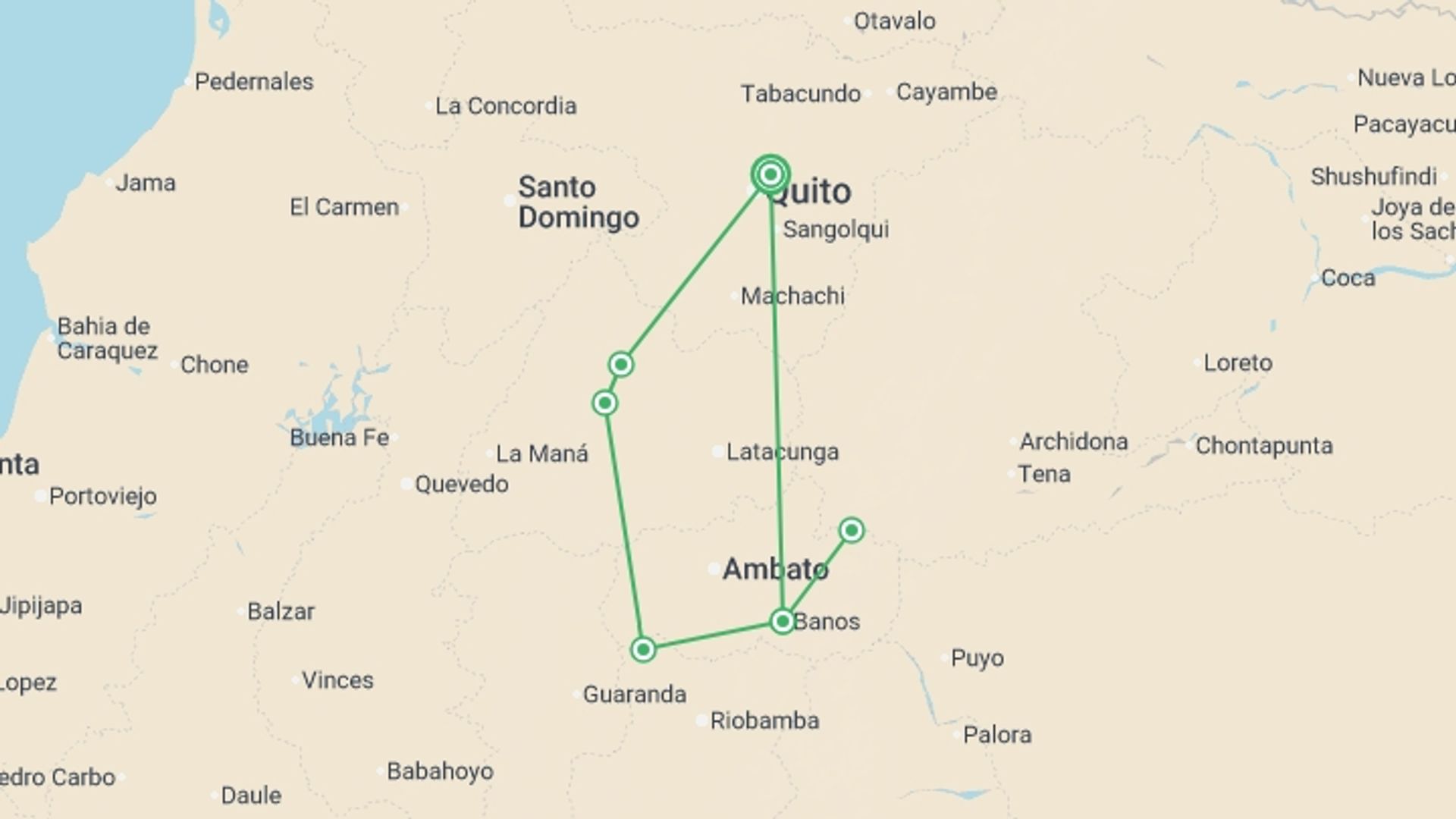 A map showing the tour itinerary for the trip: Avenue of the Volcanoes Trek - 8 days, starting in Quito, Ecuador and ending in Quito, Ecuador going through 4 other destinations.