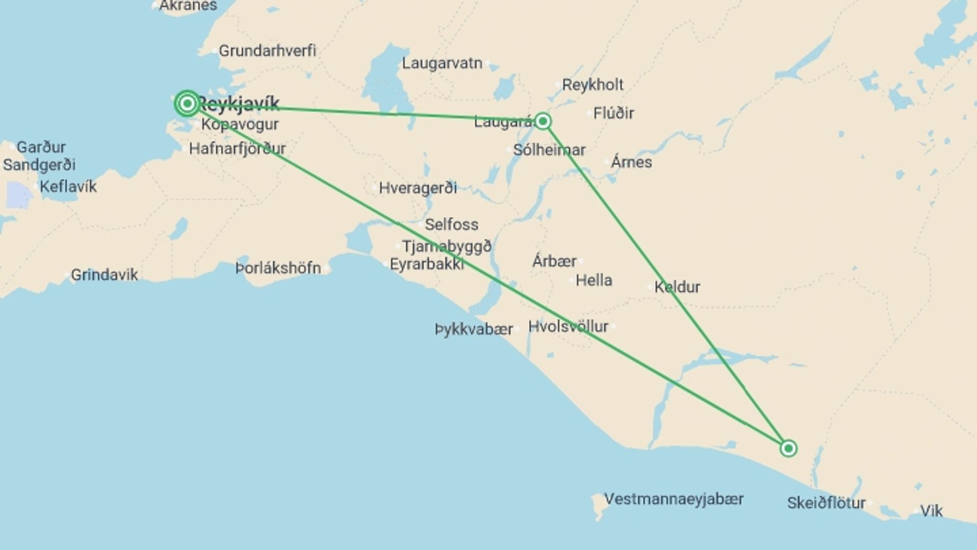 A map showing the tour itinerary for the trip: Iceland Northern Lights Adventure, starting in Reykjavik, Iceland and ending in Reykjavik, Iceland going through 3 other destinations.
