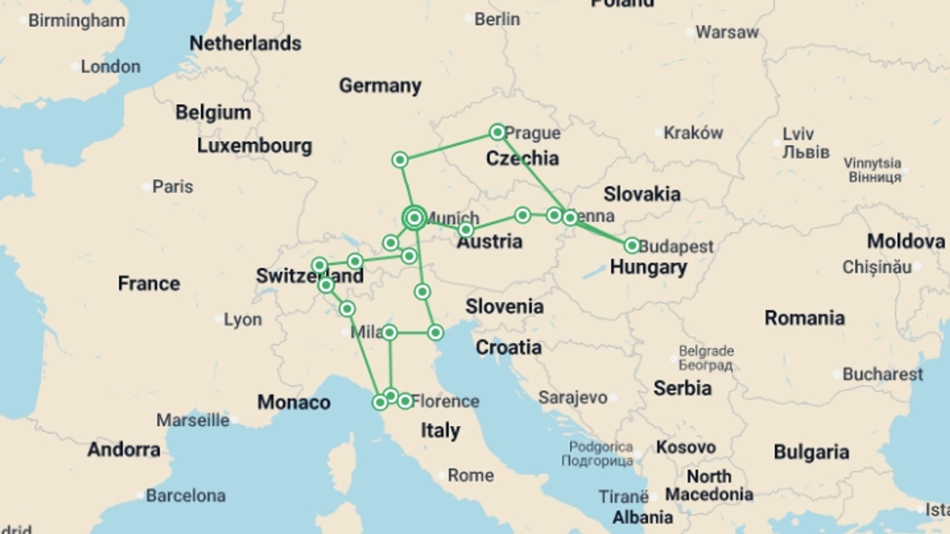 A map showing the tour itinerary for the trip: Central & Eastern Europe Explorer, starting in Munich, Germany and ending in Munich, Germany going through 8 other destinations.