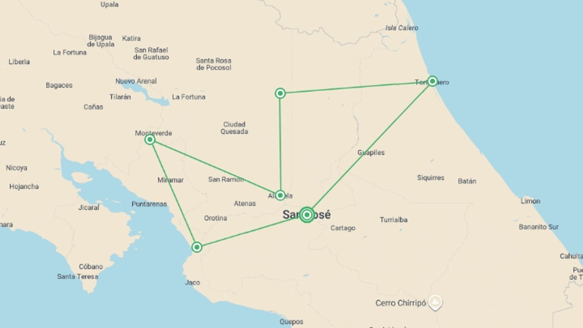 A map showing the tour itinerary for the trip: Costa Rica Explorer - 12 days, starting in San Jose, Costa Rica and ending in San Jose, Costa Rica going through 5 other destinations.