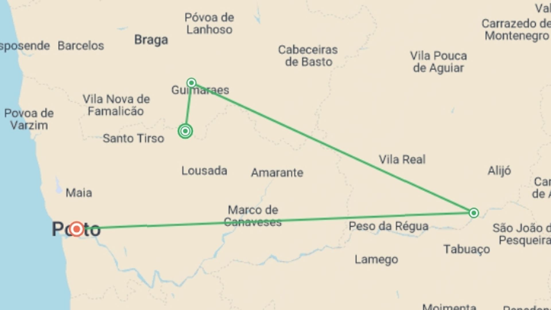 A map showing the tour itinerary for the trip: Douro Rambler, starting in Northern Portugal, Portugal and ending in Porto, Portugal going through 5 other destinations.