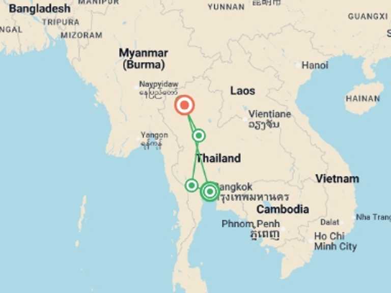 Map itinerary of Thailand Tour in November 2026 with 5 destination visits for the trip: Highlights of Thailand