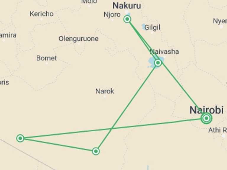 Map of Nairobi Wildlife Tour with 5 destination visits for the trip: Kenya Wildlife Safari