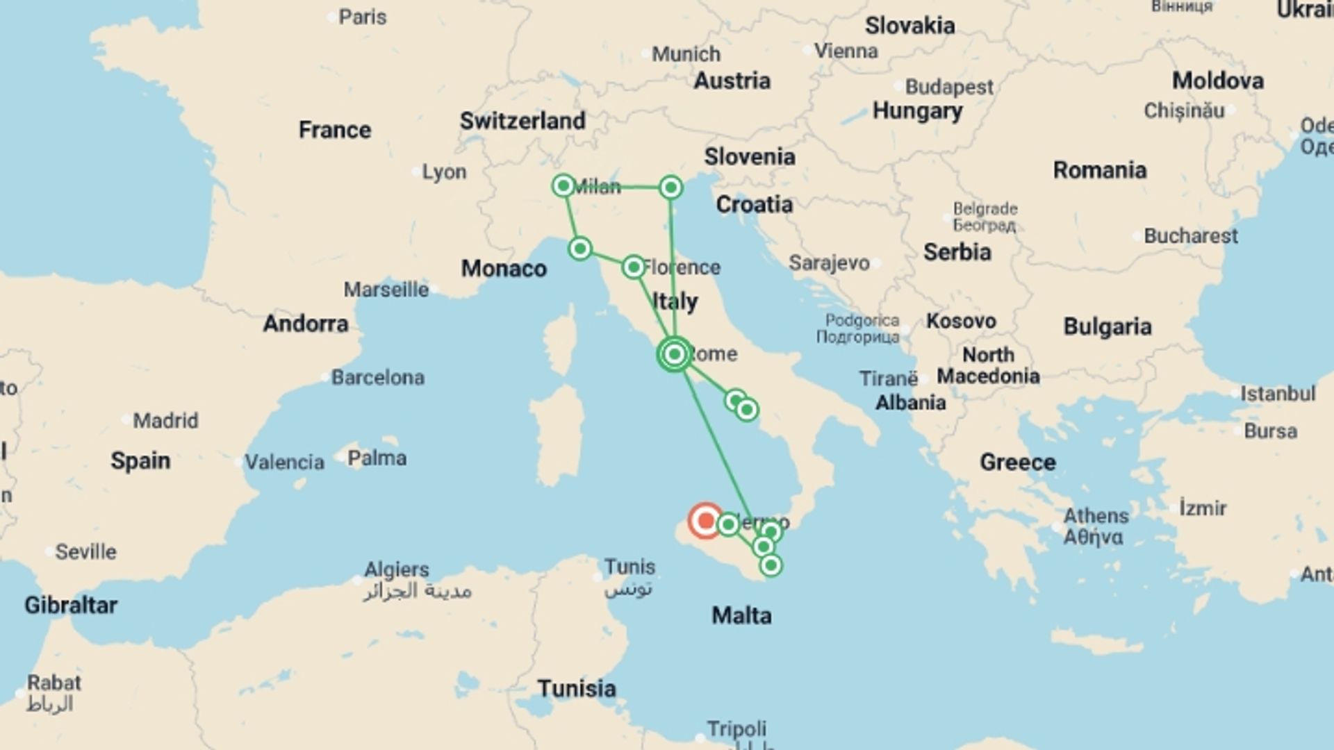 A map showing the tour itinerary for the trip: Ultimate Italy, starting in Rome, Italy and ending in Palermo, Italy going through 10 other destinations.