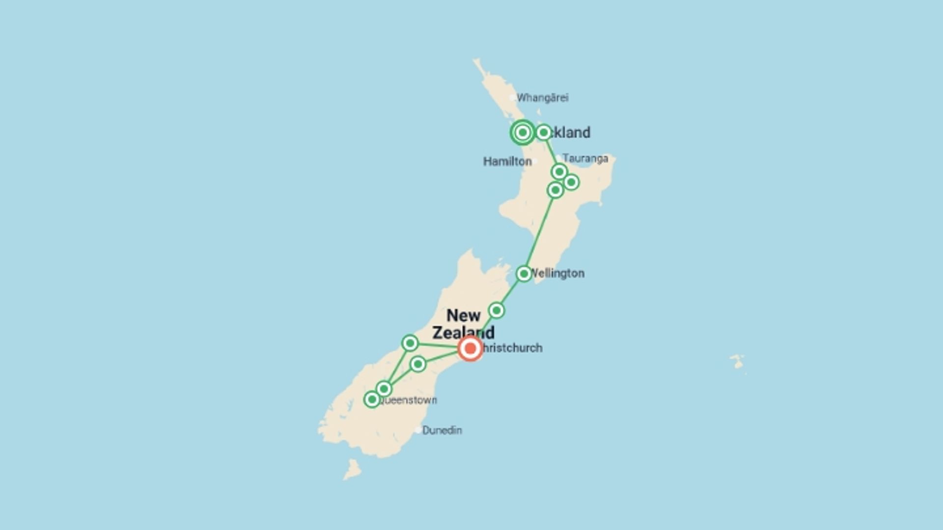 A map showing the tour itinerary for the trip: New Zealand Amplified (Southbound), starting in Auckland, New Zealand and ending in Christchurch, New Zealand going through 10 other destinations.