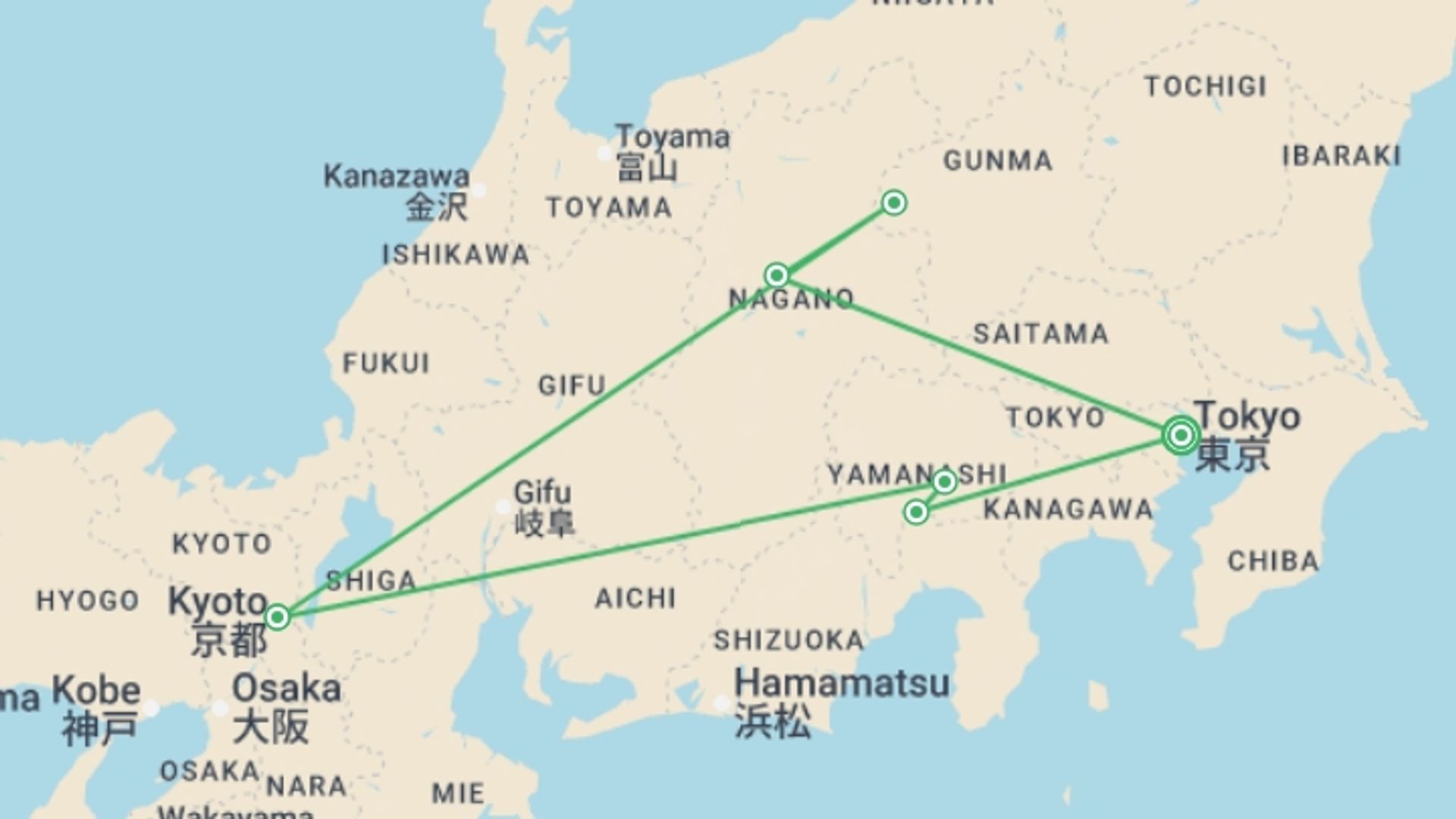 A map showing the tour itinerary for the trip: Central Japan Express, starting in Tokyo, Japan and ending in Tokyo, Japan going through 2 other destinations.
