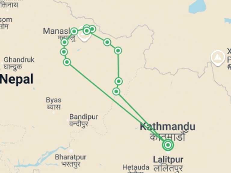 Map itinerary of Nepal Tour in Winter with 13 destination visits for the trip: Manaslu Trek
