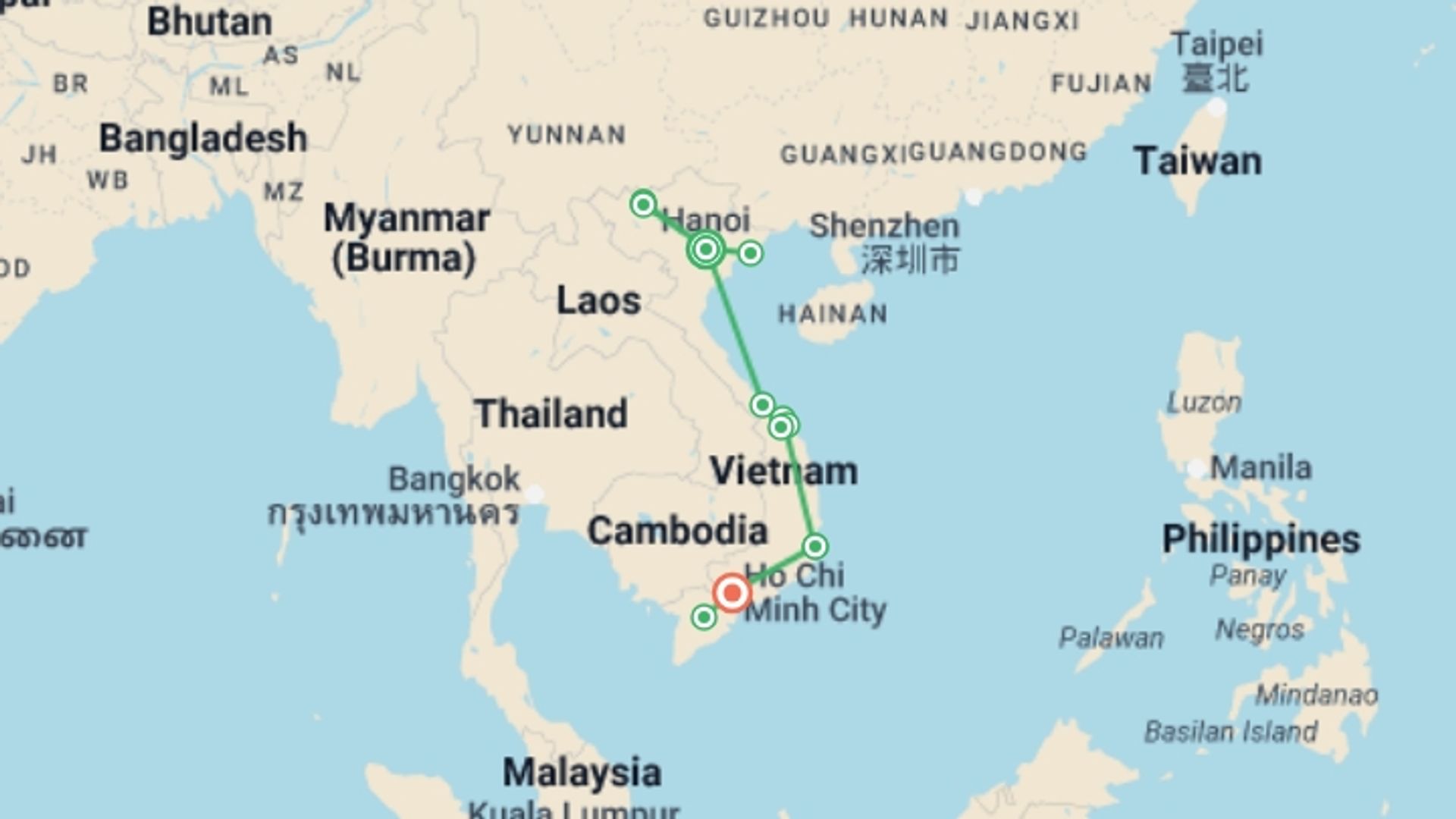 A map showing the tour itinerary for the trip: Best of Vietnam, starting in Hanoi, Vietnam and ending in Ho Chi Minh City, Vietnam going through 7 other destinations.