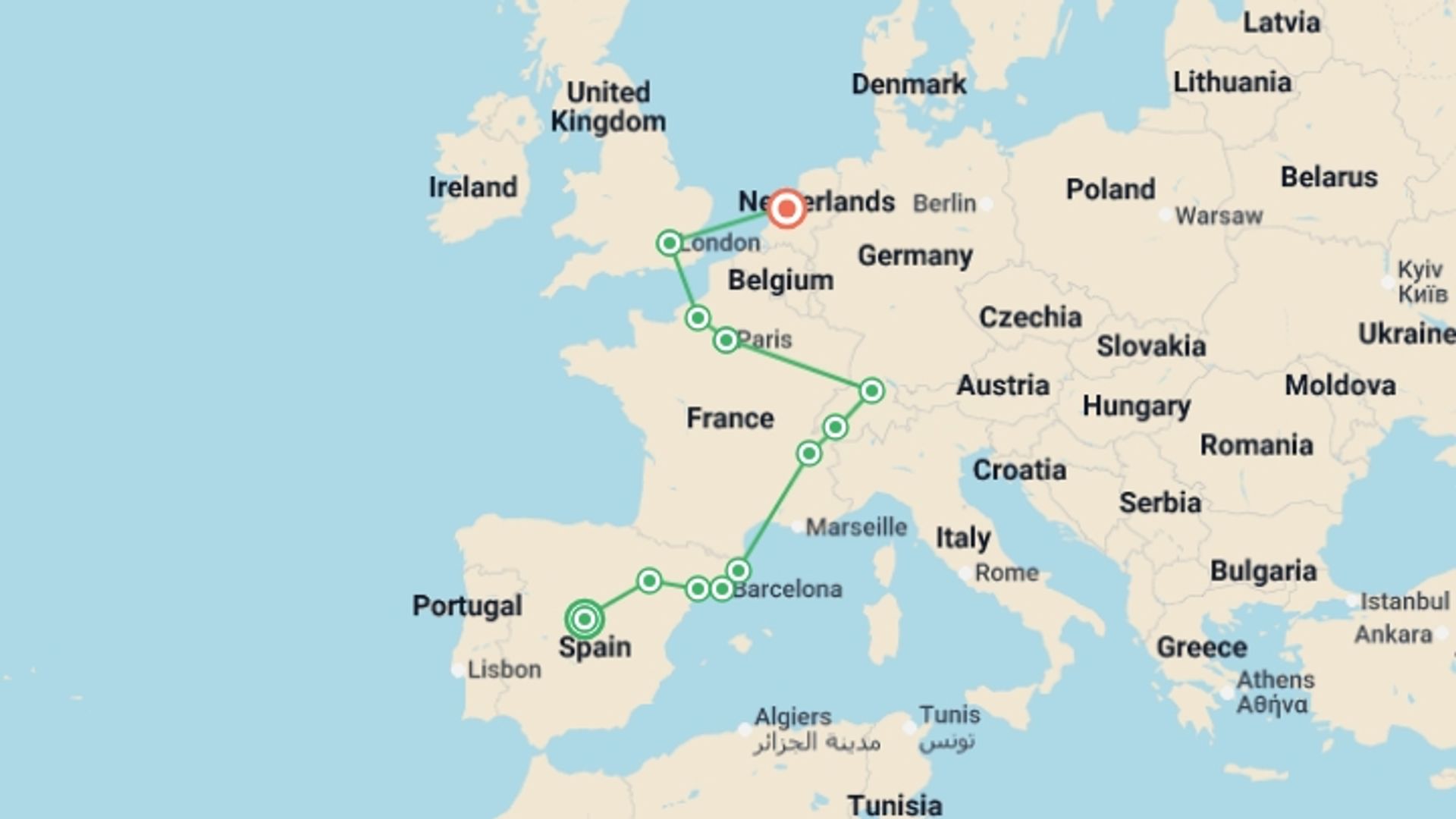 A map showing the tour itinerary for the trip: Essential Europe, starting in Madrid, Spain and ending in Amsterdam, Holland going through 9 other destinations.