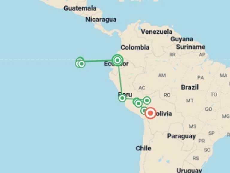 Map of Bolivia and Peru Tour with 11 destination visits for the trip: Galapagos Cruise & Peru’s Land of the Incas (Grand Daphne)