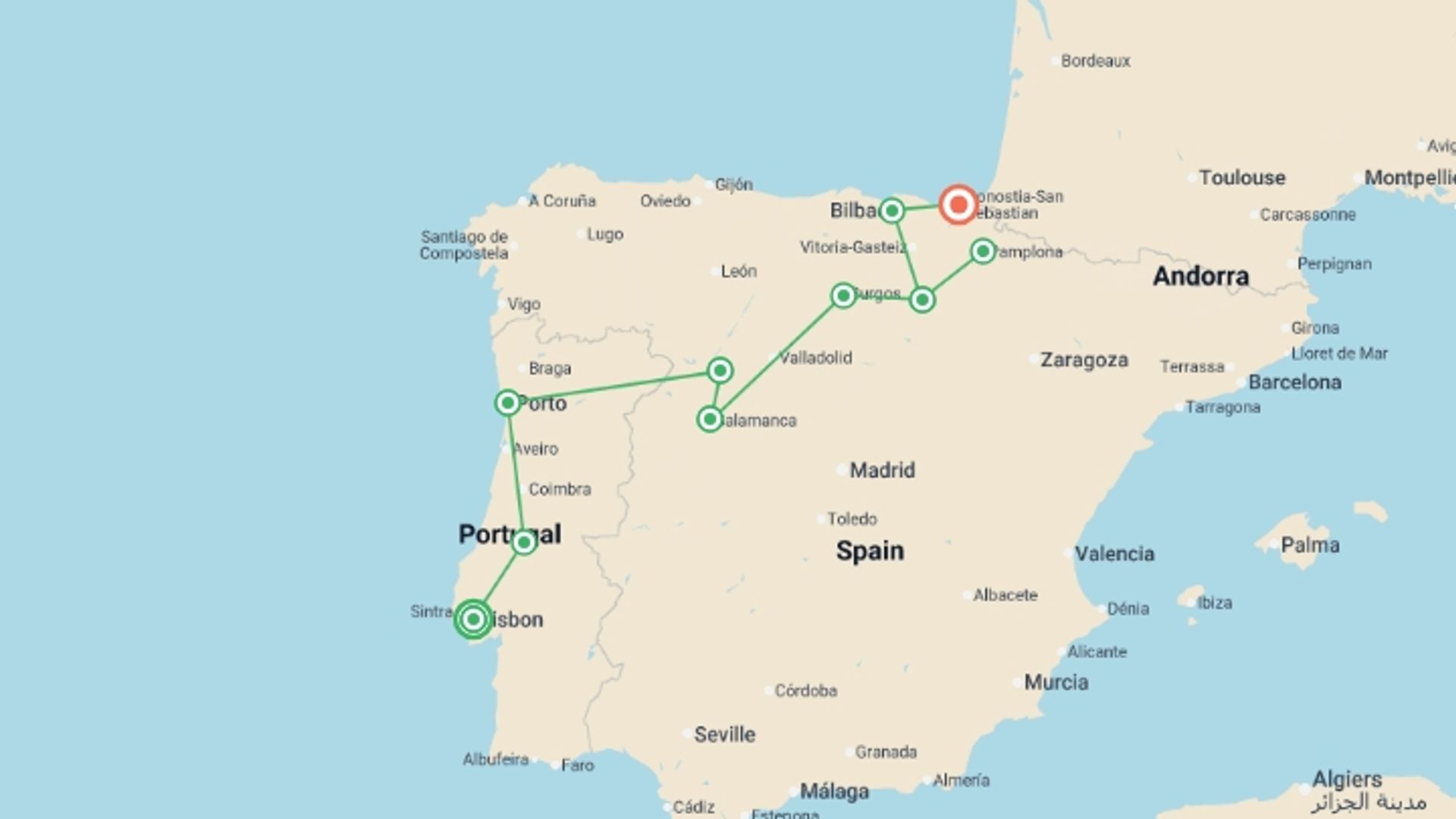 A map showing the tour itinerary for the trip: Flavors of Portugal & Spain featuring the Douro and Rioja Wine Regions, starting in Lisbon, Portugal and ending in San Sebastian, Spain going through 2 other destinations.
