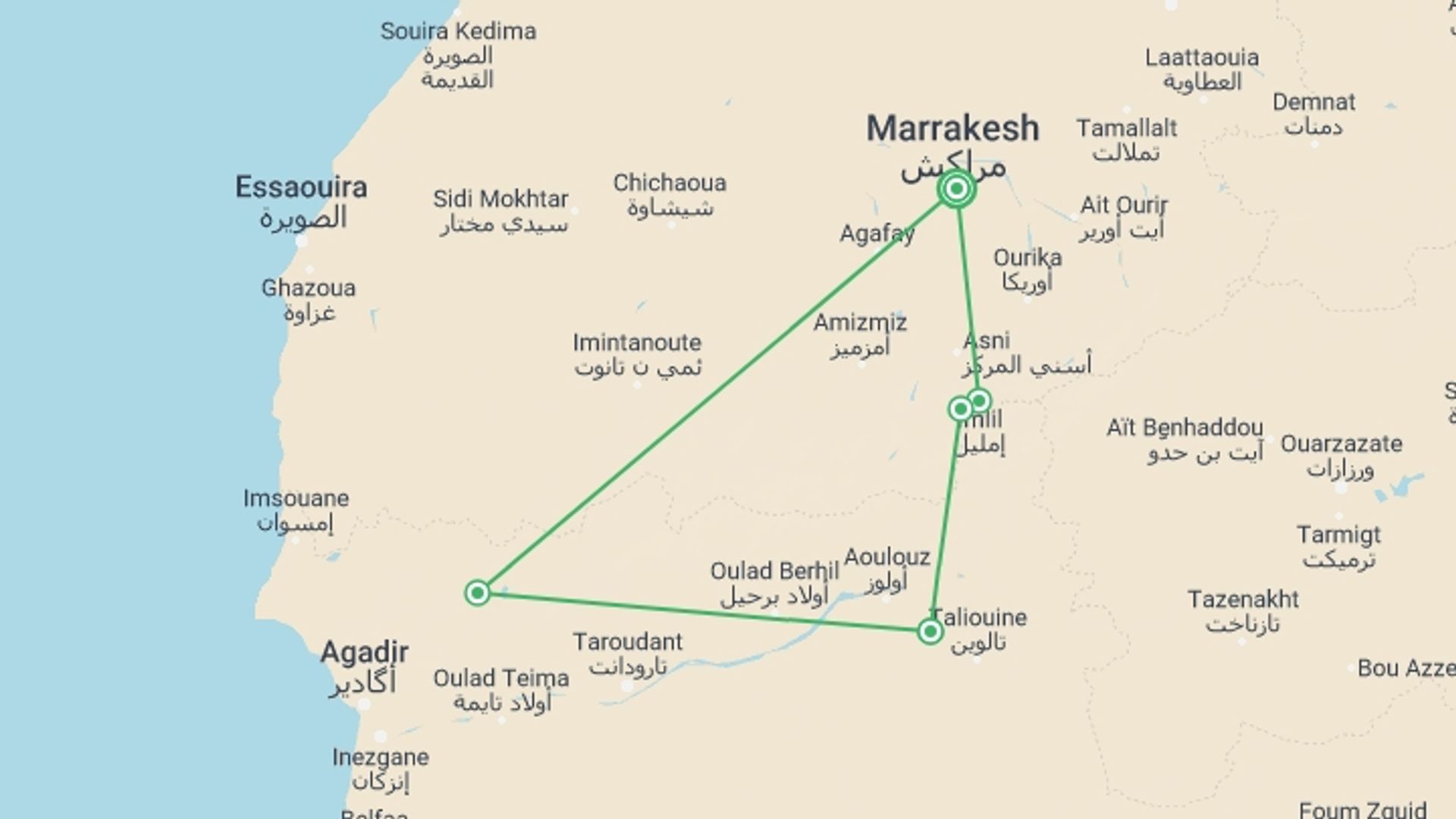 A map showing the tour itinerary for the trip: Trek in Atlas Mountains: 8 Days, starting in Marrakech, Morocco and ending in Marrakech, Morocco going through 6 other destinations.