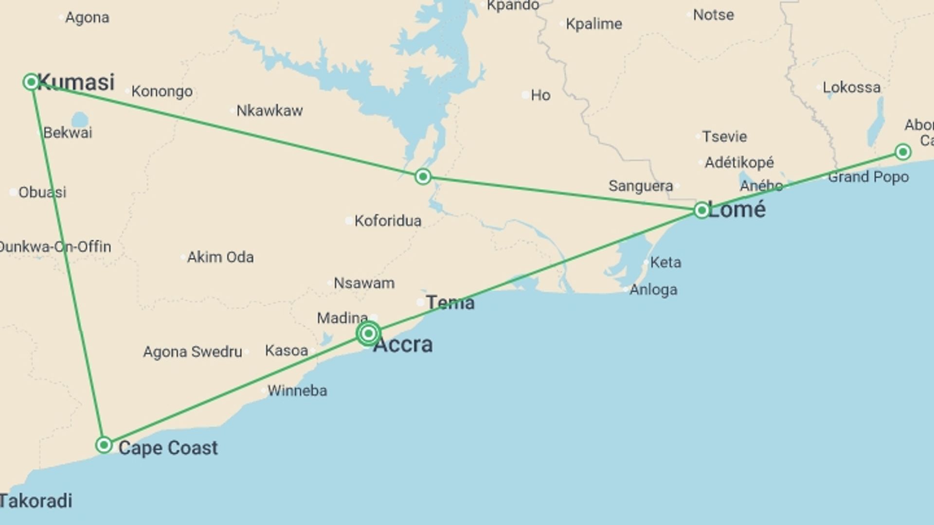 A map showing the tour itinerary for the trip: Ghana, Togo & Benin - 11 days, starting in Accra, Ghana and ending in Accra, Ghana going through 5 other destinations.