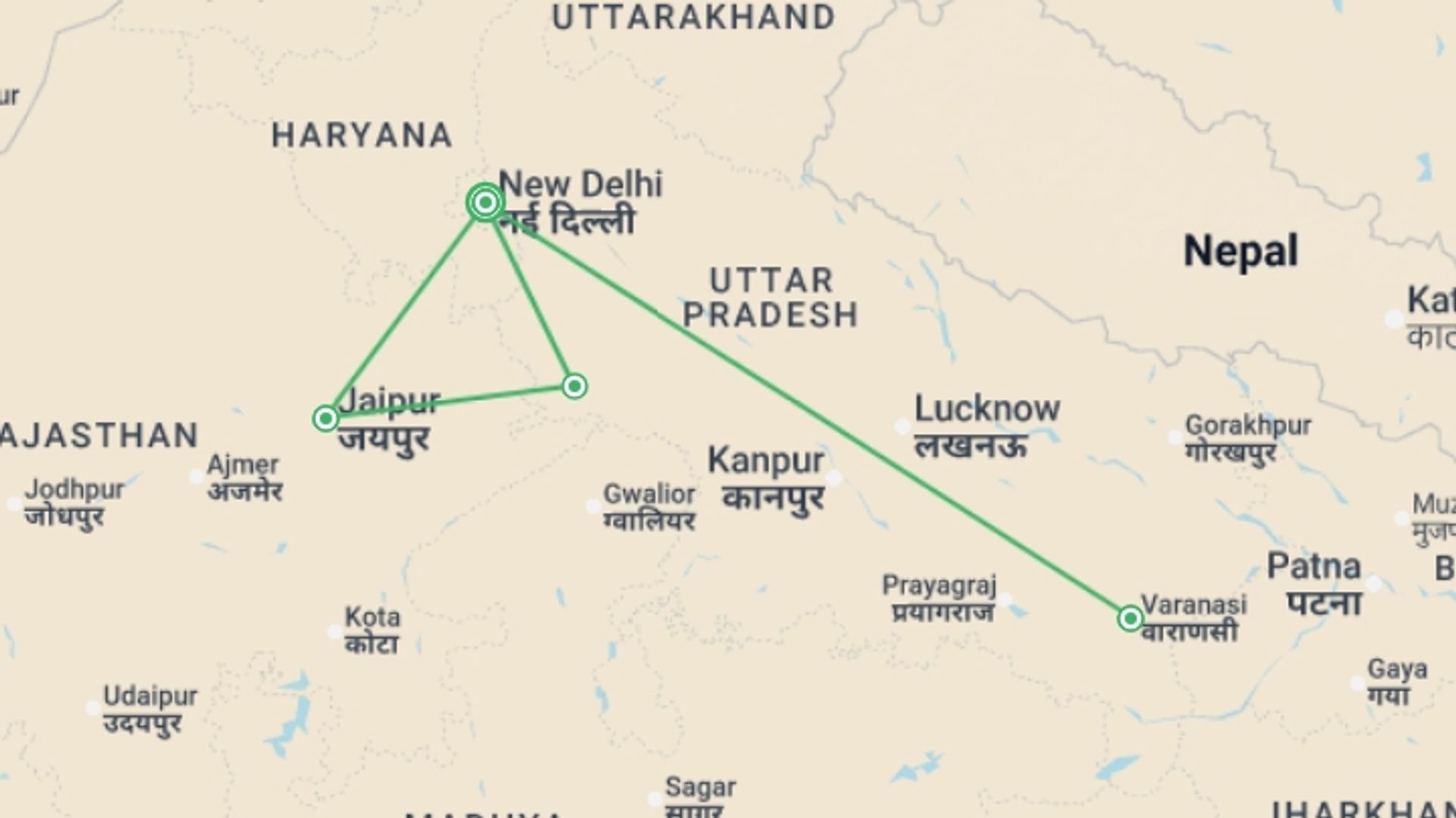 A map showing the tour itinerary for the trip: North India Highlights, starting in New Delhi, India and ending in New Delhi, India going through 3 other destinations.