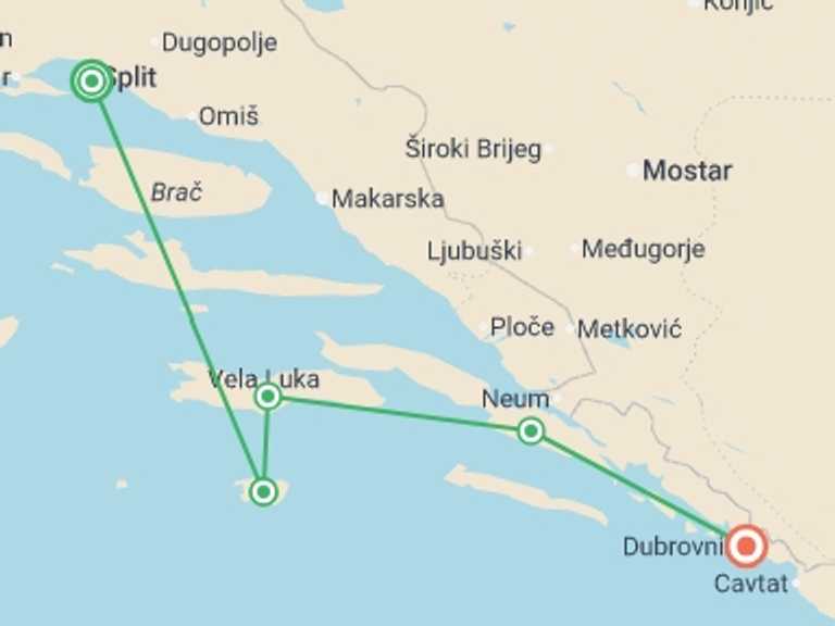 Map itinerary of Split Tour in August 2027 with 4 destination visits for the trip: Premium Split to Dubrovnik