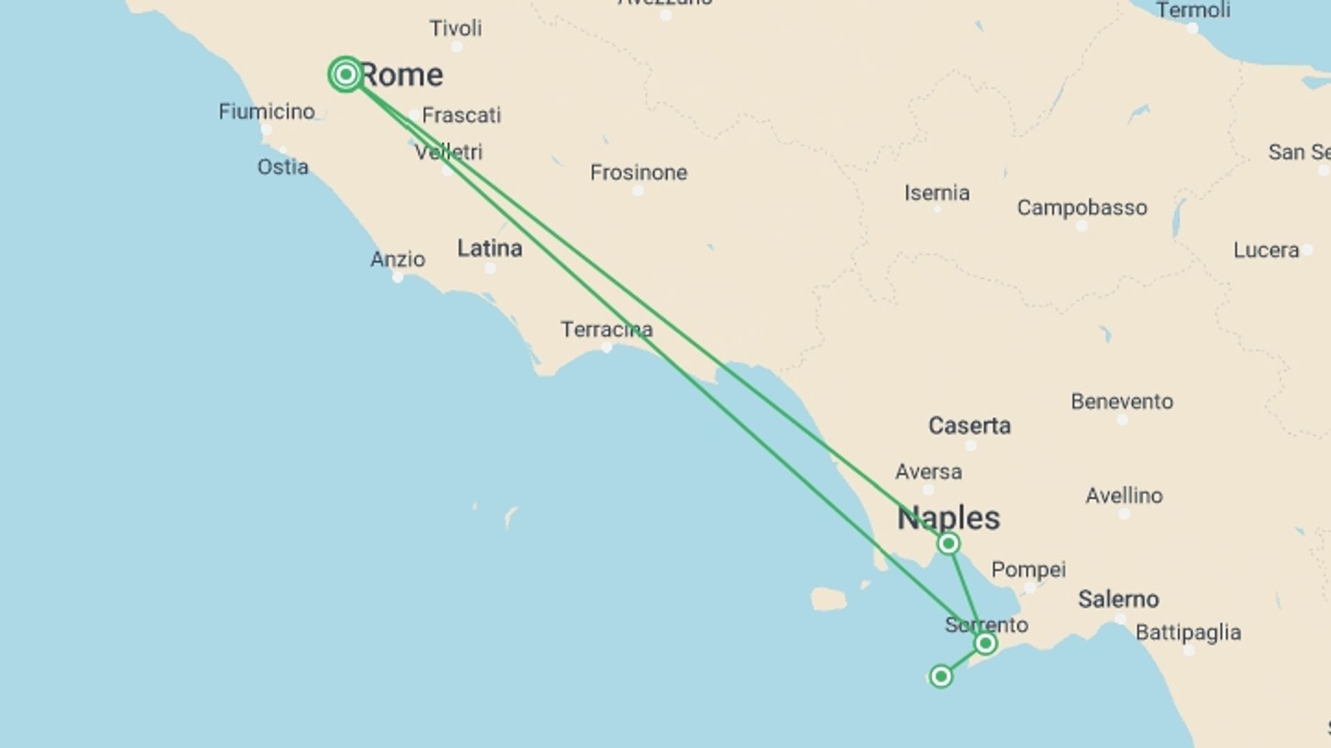 A map showing the tour itinerary for the trip: La Dolce Vita Experience, starting in Rome, Italy and ending in Rome, Italy going through 2 other destinations.