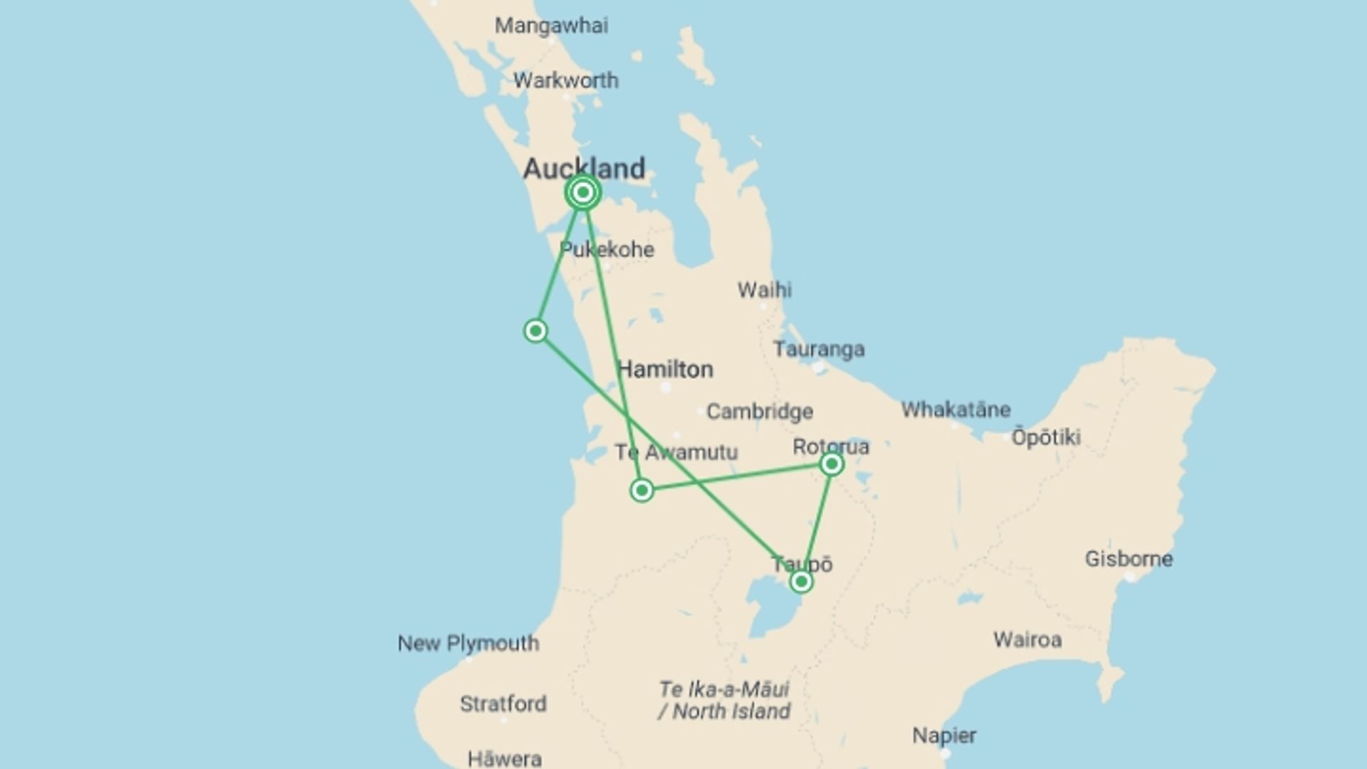 A map showing the tour itinerary for the trip: NZ Intro North, starting in Auckland, New Zealand and ending in Auckland, New Zealand going through 3 other destinations.