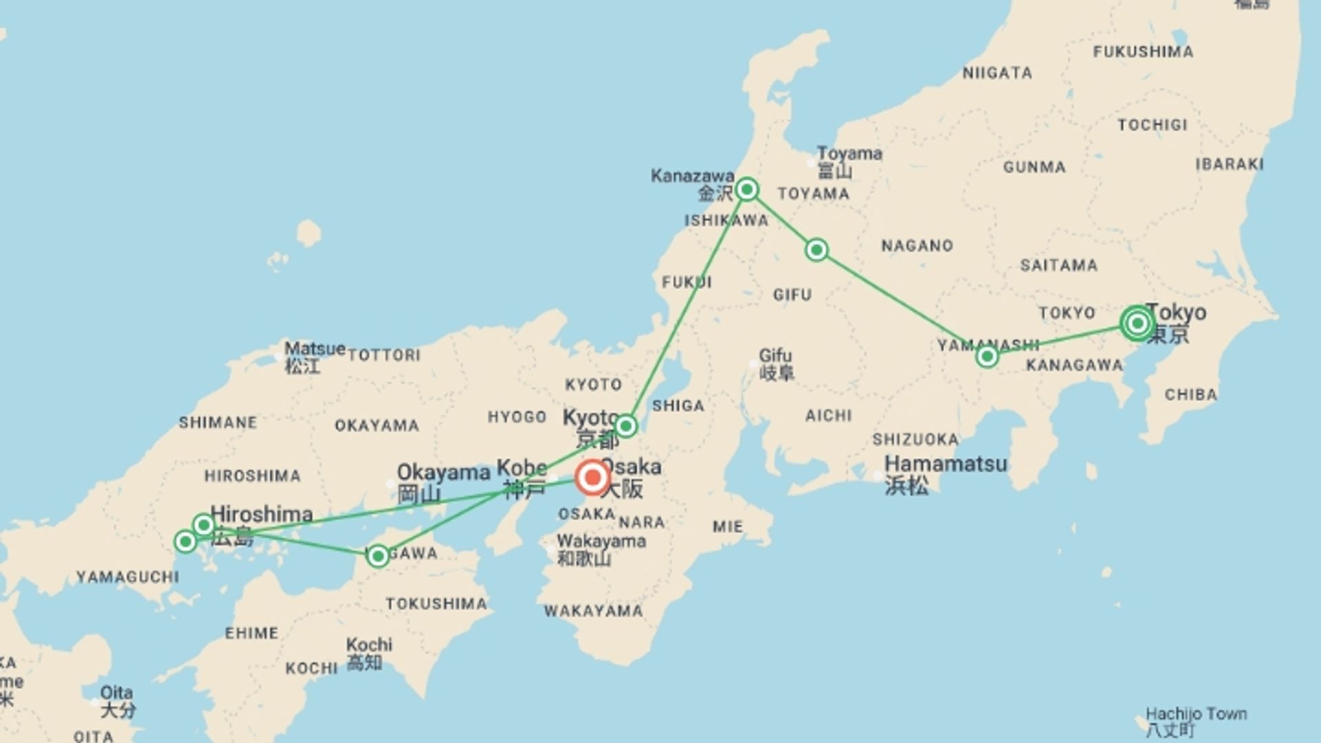 A map showing the tour itinerary for the trip: Splendours of Japan, starting in Tokyo, Japan and ending in Osaka, Japan going through 7 other destinations.