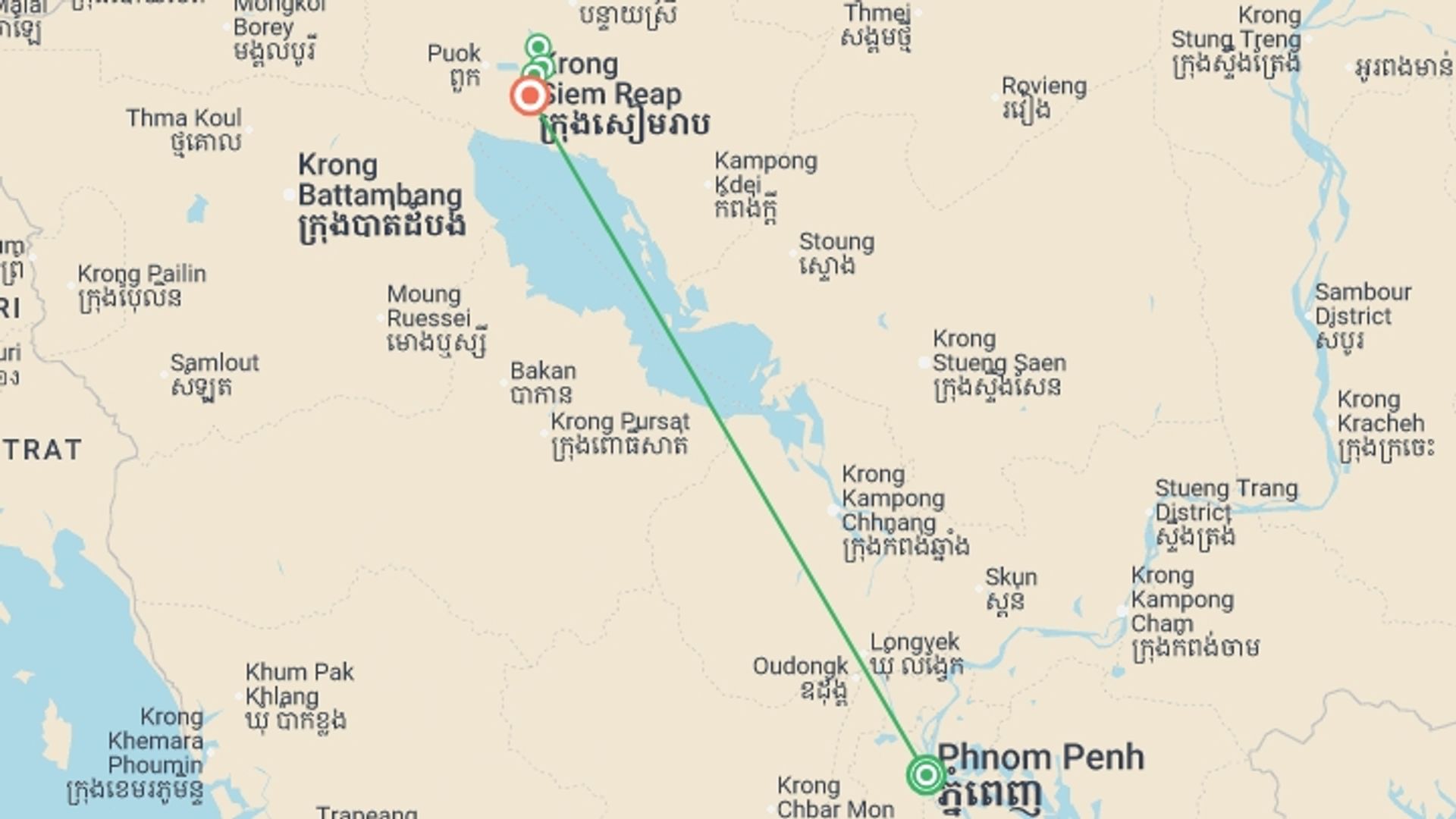 A map showing the tour itinerary for the trip: Cambodia Highlights, starting in Phnom Penh, Cambodia and ending in Siem Reap, Cambodia going through 0 other destinations.