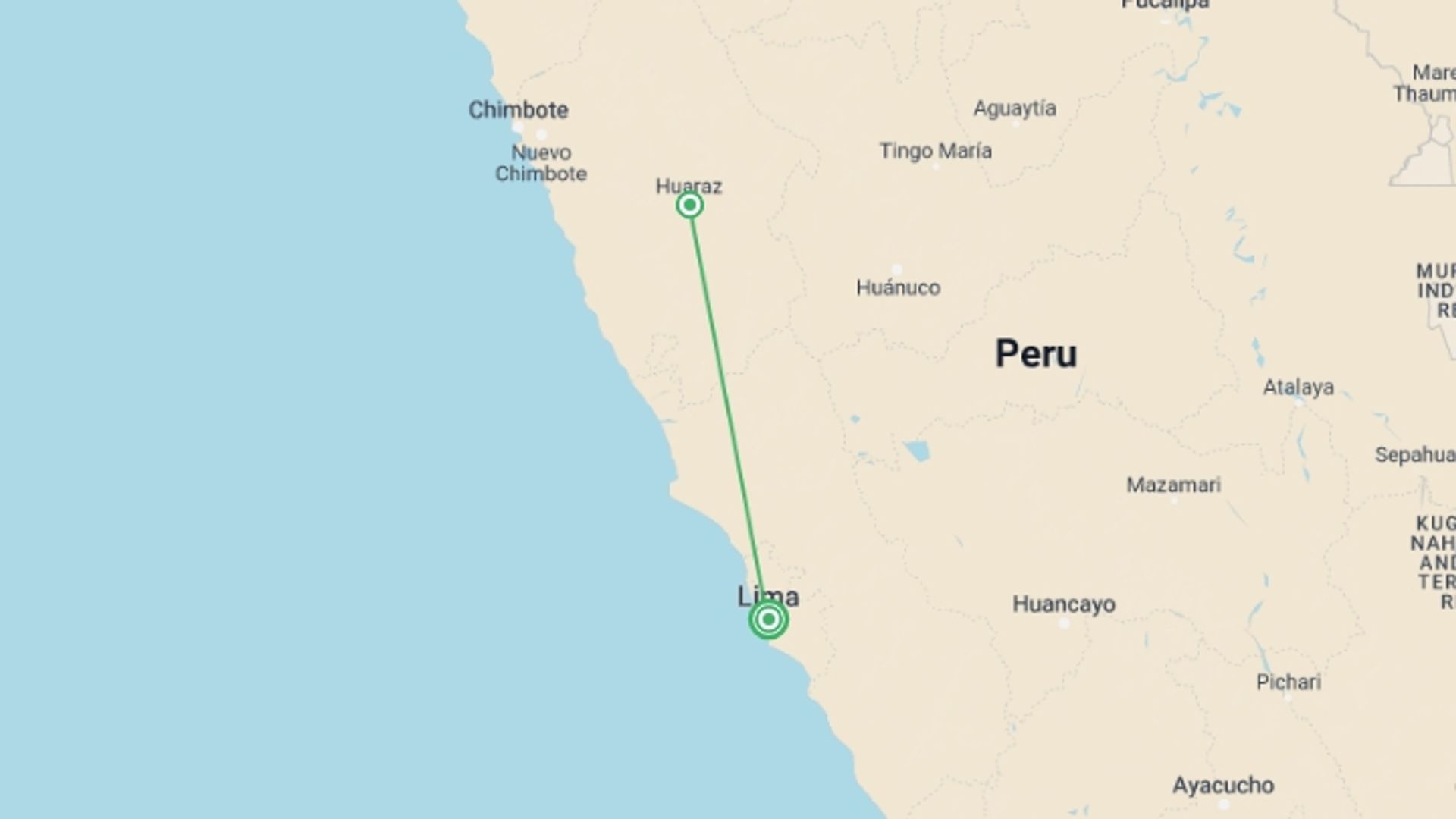 A map showing the tour itinerary for the trip: Peru: Lima to Huaraz, starting in Lima, Peru and ending in Lima, Peru going through 1 other destinations.