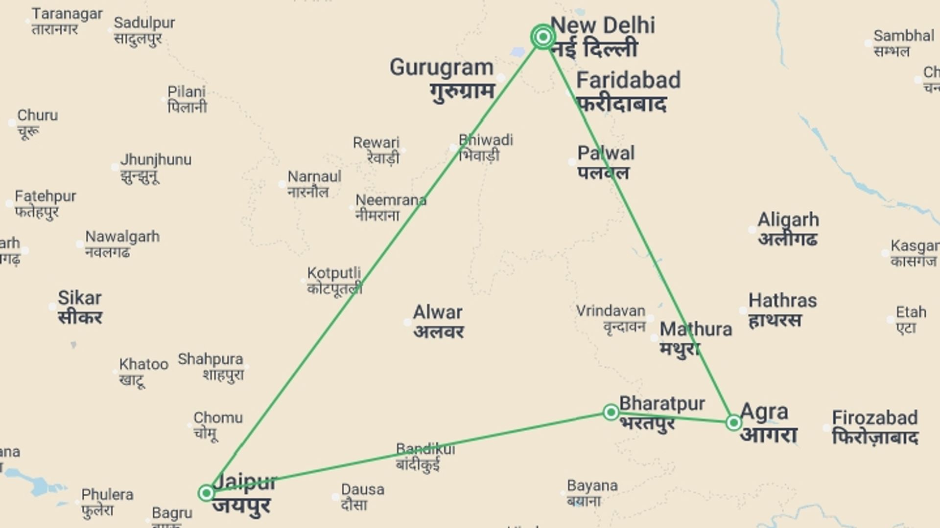 A map showing the tour itinerary for the trip: India Golden Triangle Premium Family Holiday, starting in New Delhi, India and ending in New Delhi, India going through 3 other destinations.