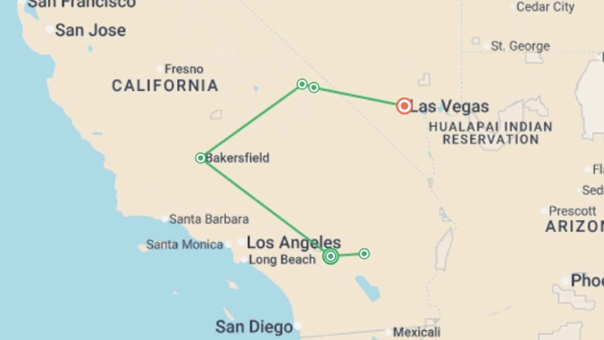A map showing the tour itinerary for the trip: Palm Springs, Joshua Tree & Death Valley - 6 days, starting in Palm Springs, USA and ending in Las Vegas, USA going through 2 other destinations.
