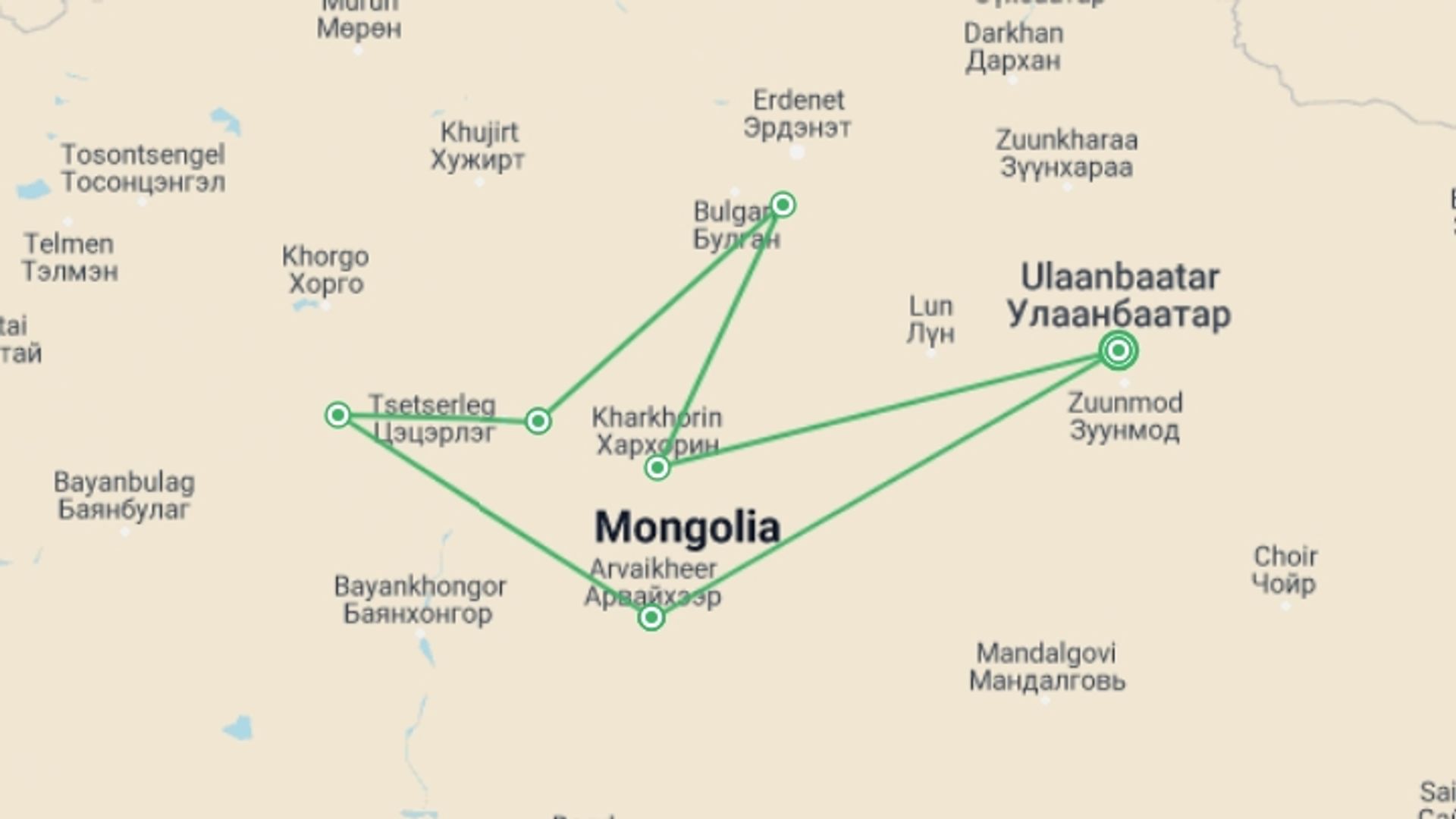 A map showing the tour itinerary for the trip: Mountain Biking Mongolia, starting in Ulaanbaatar, Mongolia and ending in Ulaanbaatar, Mongolia going through 5 other destinations.