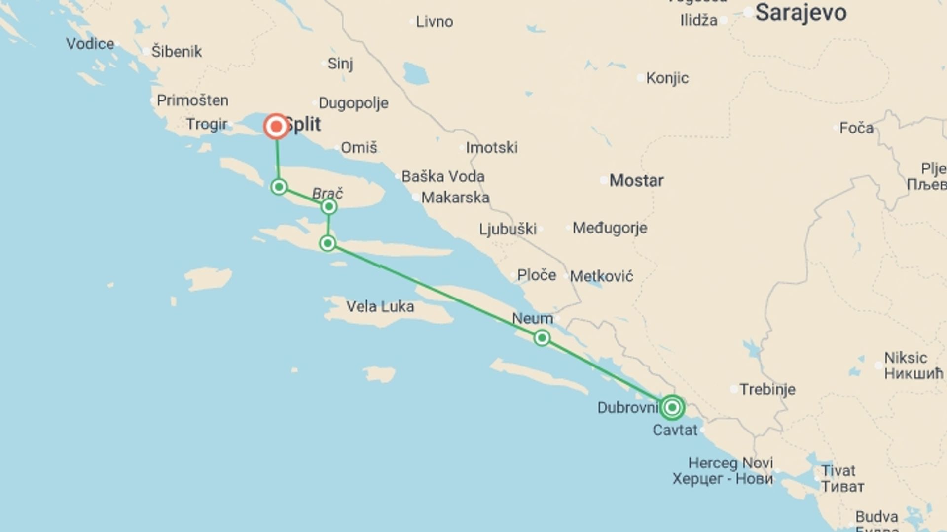 A map showing the tour itinerary for the trip: Cruise Dubrovnik to Split Express - 5 days, starting in Dubrovnik, Croatia and ending in Split, Croatia going through 3 other destinations.