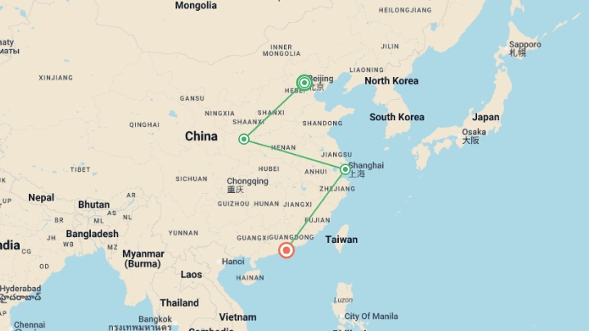 A map showing the tour itinerary for the trip: Classic China and Hong Kong, starting in Beijing, China and ending in Hong Kong, Hong Kong going through 2 other destinations.