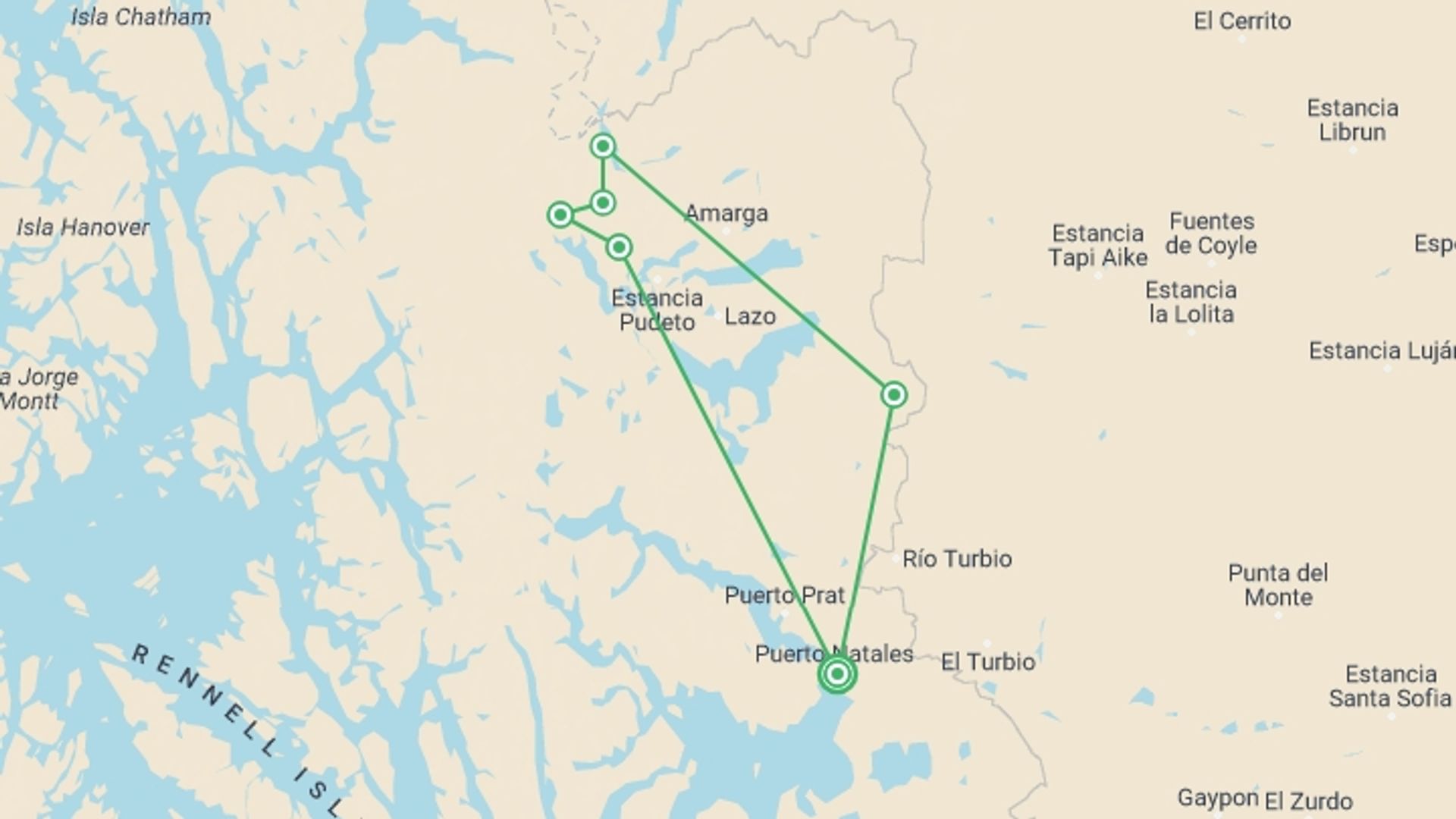 A map showing the tour itinerary for the trip: Patagonia: Torres del Paine Full O Circuit, starting in Puerto Natales, Chile and ending in Puerto Natales, Chile going through 5 other destinations.