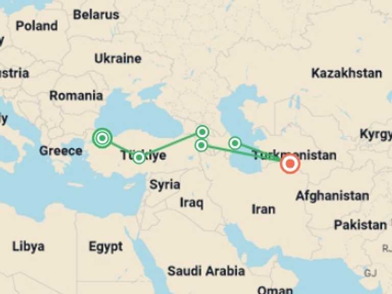 Map itinerary of Cappadocia Tour in April 2026 with 6 destination visits for the trip: Istanbul To Ashgabat (47 Days)