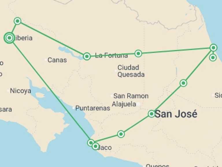 Map of a Self-drive or vehicle rental Tour with 9 destination visits for the trip: Ultimate Escape Costa Rica, Self-drive