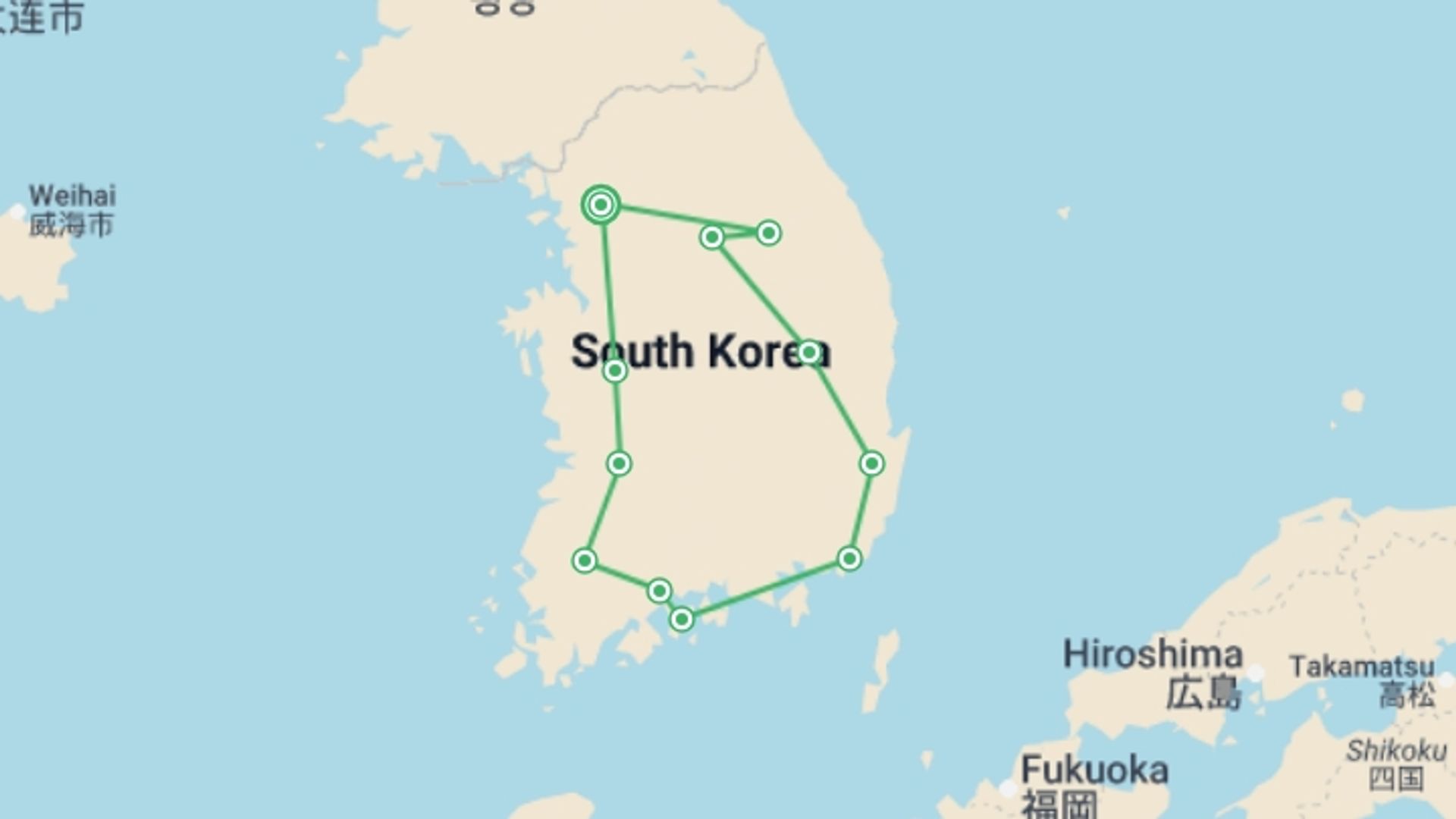 A map showing the tour itinerary for the trip: Land of the Morning Calm - 5 days, starting in Seoul, South Korea and ending in Seoul, South Korea going through 4 other destinations.