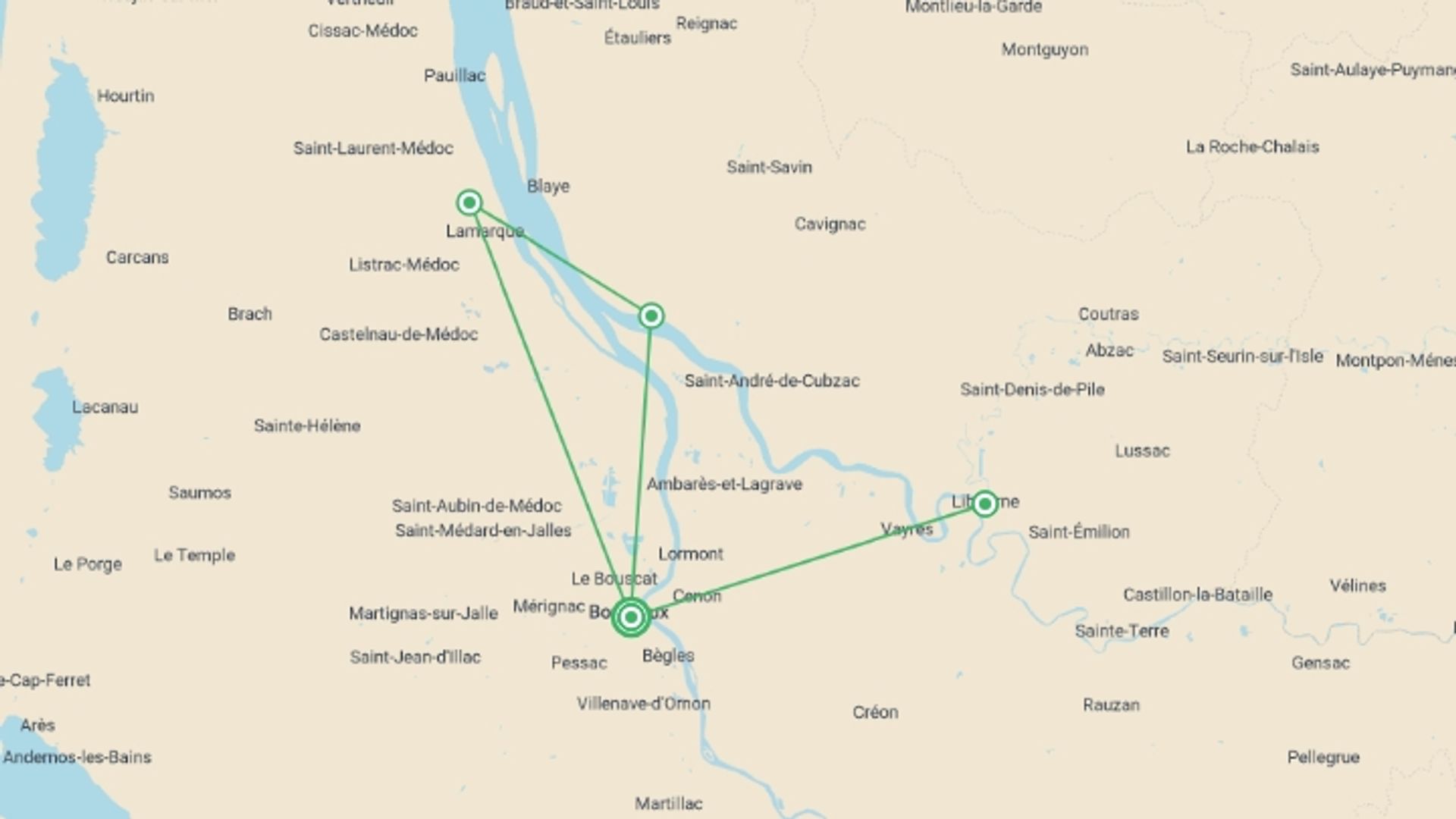 A map showing the tour itinerary for the trip: Brilliant Bordeaux (2026), starting in Bordeaux, France and ending in Bordeaux, France going through 3 other destinations.